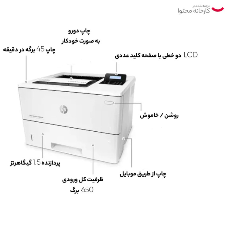 پرینتر اچ پی تک رنگ تک کاره با چاپ لیزری مدل LaserJet Pro M501dn، سایز چاپ A4، قابلیت چاپ دو رو